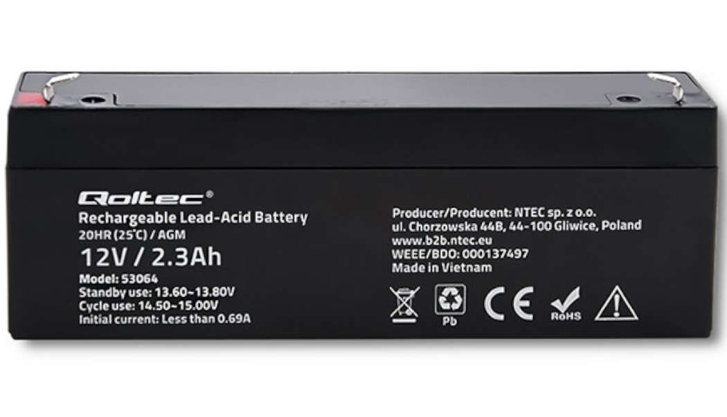 Akumulator QOLTEC 53064 2.3Ah 12V żywotność bateria wspomaganie waga wymiary przenośny