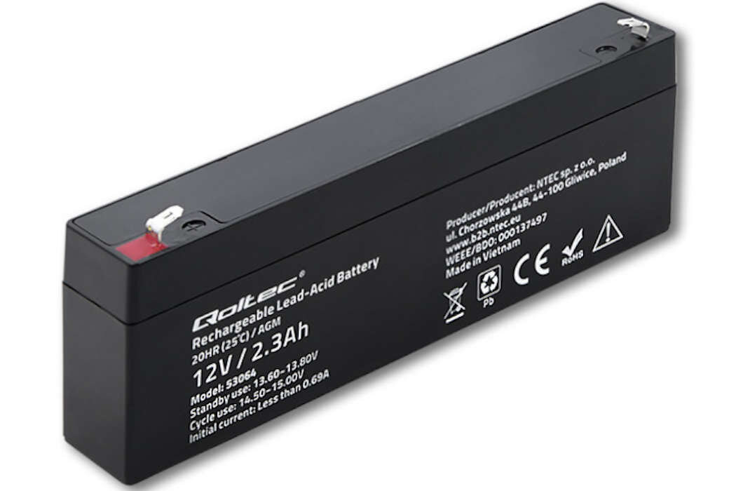 Akumulator QOLTEC 53064 2.3Ah 12V żywotność bateria wspomaganie waga wymiary przenośny