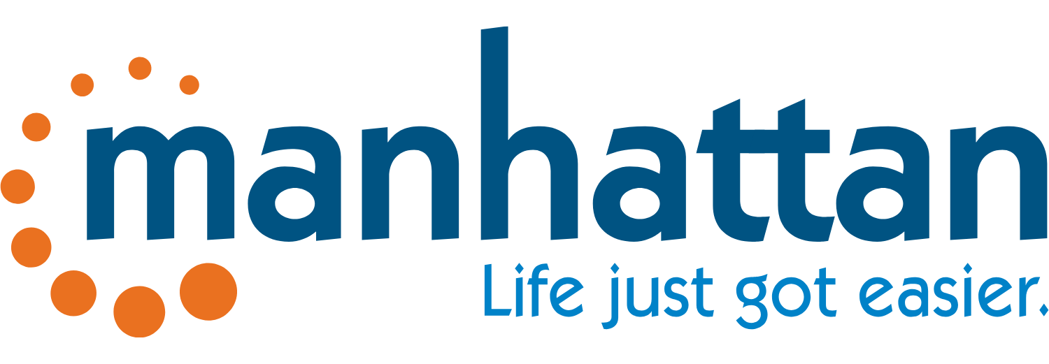 Logo z napisem \'manhattan\' oraz hasłem \'Life just got easier.\' w kolorze niebieskim, z pomarańczowymi kropkami wokół litery \'m\'.