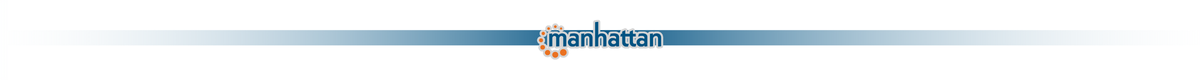 Logo z napisem \'manhattan\' na tle niebieskiego paska z gradientem.