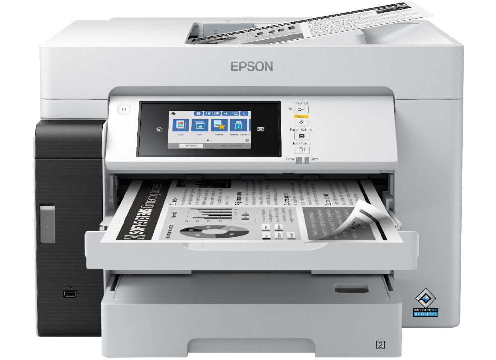 Urządzenie wielofunkcyjne EPSON EcoTank Pro M15180 Automatyczny druk dwustronny, Wi-Fi prezentacja urządzenia na białym tle od przodu wymiary stabilność