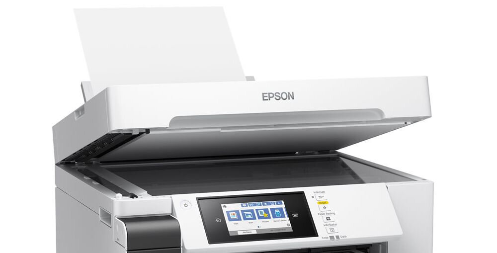 Urządzenie wielofunkcyjne EPSON EcoTank Pro M15180 Automatyczny druk dwustronny, Wi-Fi zbliżenie na górną część urządzenia białe tło rozdzielczość skanowania czas skanowania A4 sprawne działanie