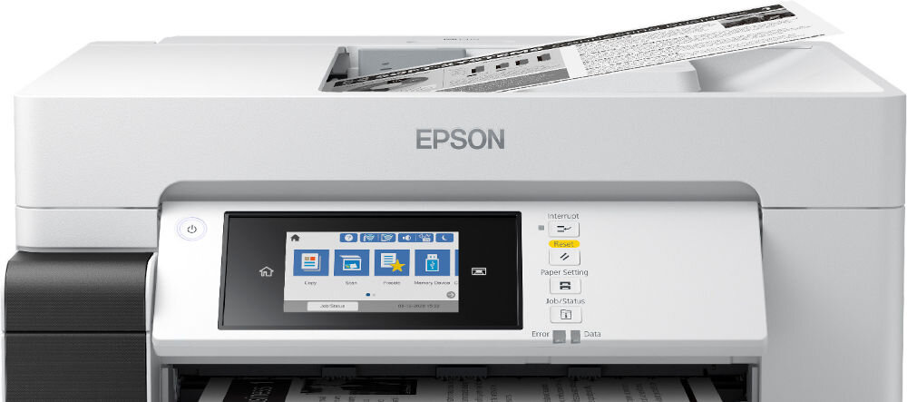 Urządzenie wielofunkcyjne EPSON EcoTank Pro M15180 Automatyczny druk dwustronny, Wi-Fi zbliżenie na górną część urządzenia na białym tle funkcja duplex i oszczędność papieru