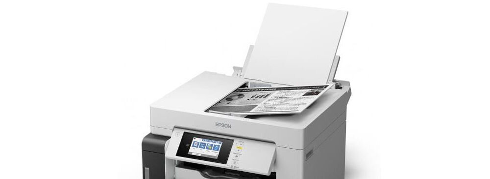 Urządzenie wielofunkcyjne EPSON EcoTank Pro M15180 Automatyczny druk dwustronny, Wi-Fi zbliżenie na górną część urządzenia na białym tle z możliwością druku w formacie A3 jasne tło wysoka jakość wydruku zdjęć A3