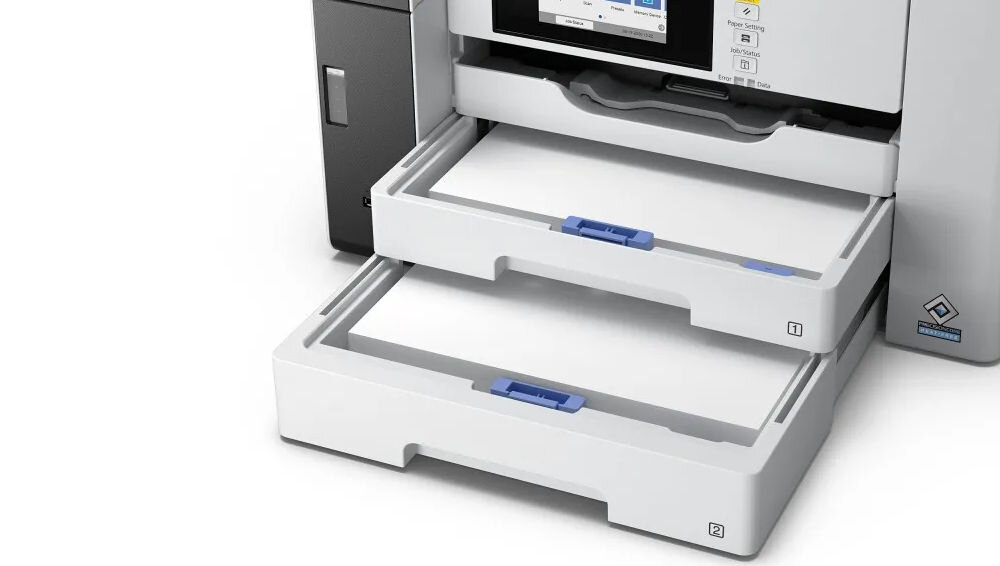 Urządzenie wielofunkcyjne EPSON EcoTank Pro M15180 Automatyczny druk dwustronny, Wi-Fi prezentacja otwartych podajników na arkusze w środku papier włożony elastyczny podajnik papieru