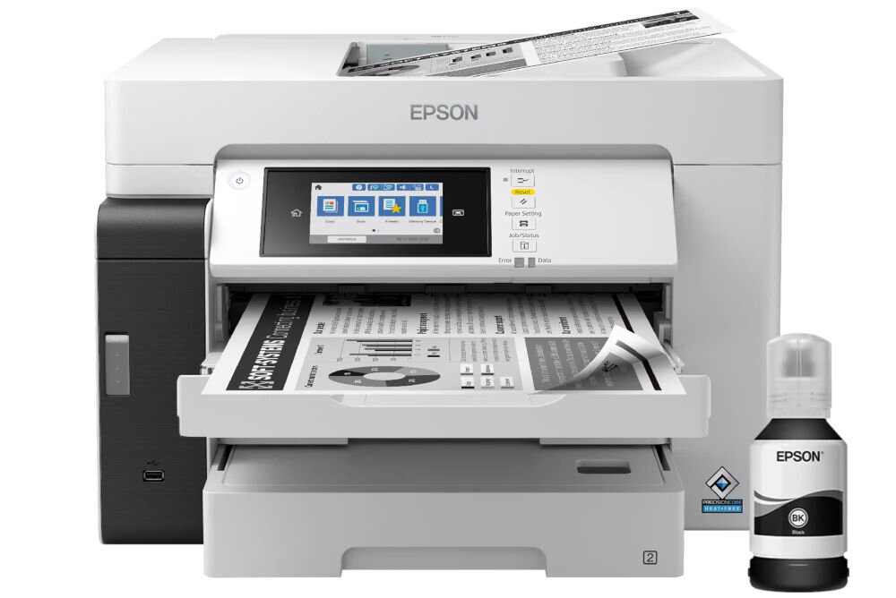 Urządzenie wielofunkcyjne EPSON EcoTank Pro M15180 Automatyczny druk dwustronny, Wi-Fi prezentacja urządzenia od przodu na białym tle z butelką wydajność atramentu wydłużenie czasu pracy