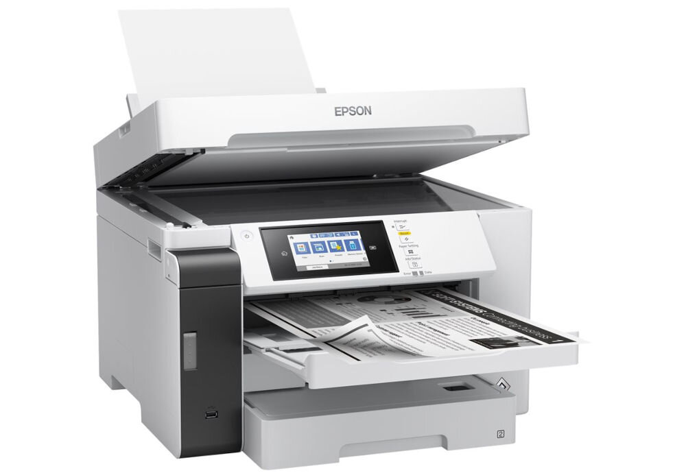 Urządzenie wielofunkcyjne EPSON EcoTank Pro M15180 Automatyczny druk dwustronny, Wi-Fi prezentacja urządzenia od przodu na białym tle pod kątem rozłożone funkcje 3w1 druk skan kopiuj wygoda organizacja przestrzeni