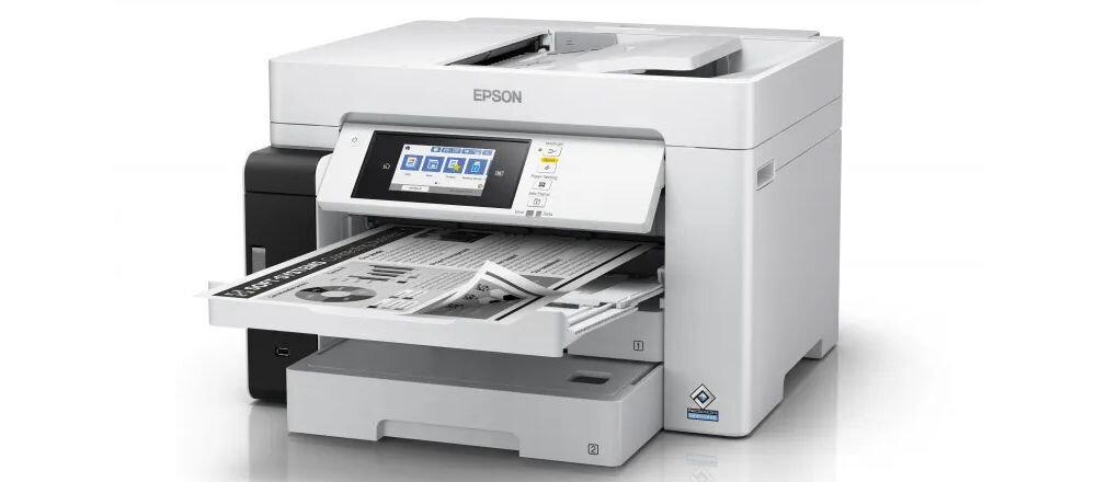 Urządzenie wielofunkcyjne EPSON EcoTank Pro M15180 Automatyczny druk dwustronny, Wi-Fi prezentacja urządzenia od przodu na białym tle pod kątem bezprzewodowe połączenie Wi-Fi wygoda pracy bez kabli USB-A USB-B RJ-45