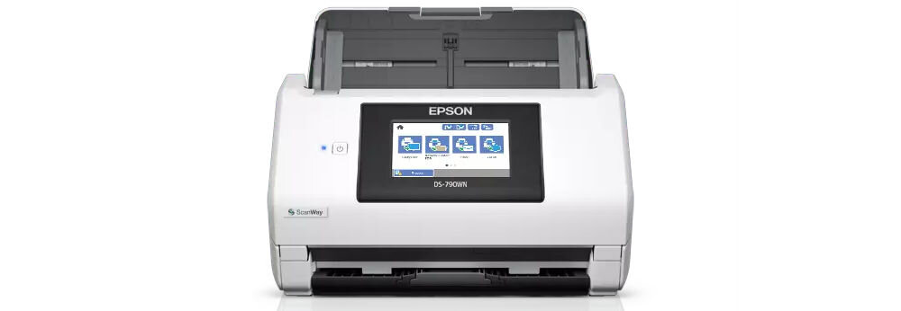 Skaner EPSON WorkForce DS-790WN Wi-Fi prezentacja skanera od przodu na białym tle funkcje uwierzytelniania kont użytkowników ochrona dostępu do urządzenia