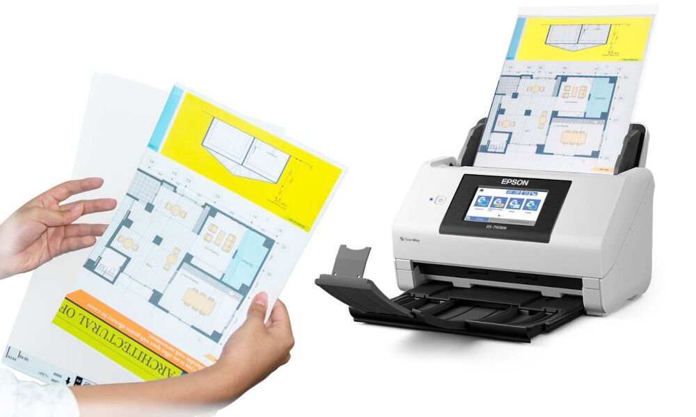 Skaner EPSON WorkForce DS-790WN Wi-Fi prezentacja skanera od przodu pod kątem na białym tle z włożonymi kartkami do podajnika obok kartki trzymane w dłoniach szybkie skanowanie dwustronne 45 stron minutę 90 obrazów na minutę automatyczny podajnik