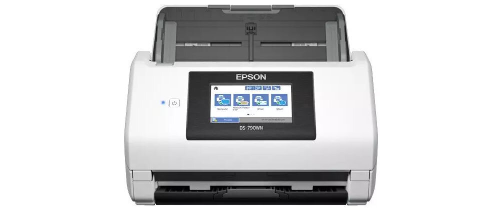 Skaner EPSON WorkForce DS-790WN Wi-Fi prezentacja skanera od przodu na białym tle obsługa formatów PDF JPEG TIFF dopasowanie plików do wymagań systemu