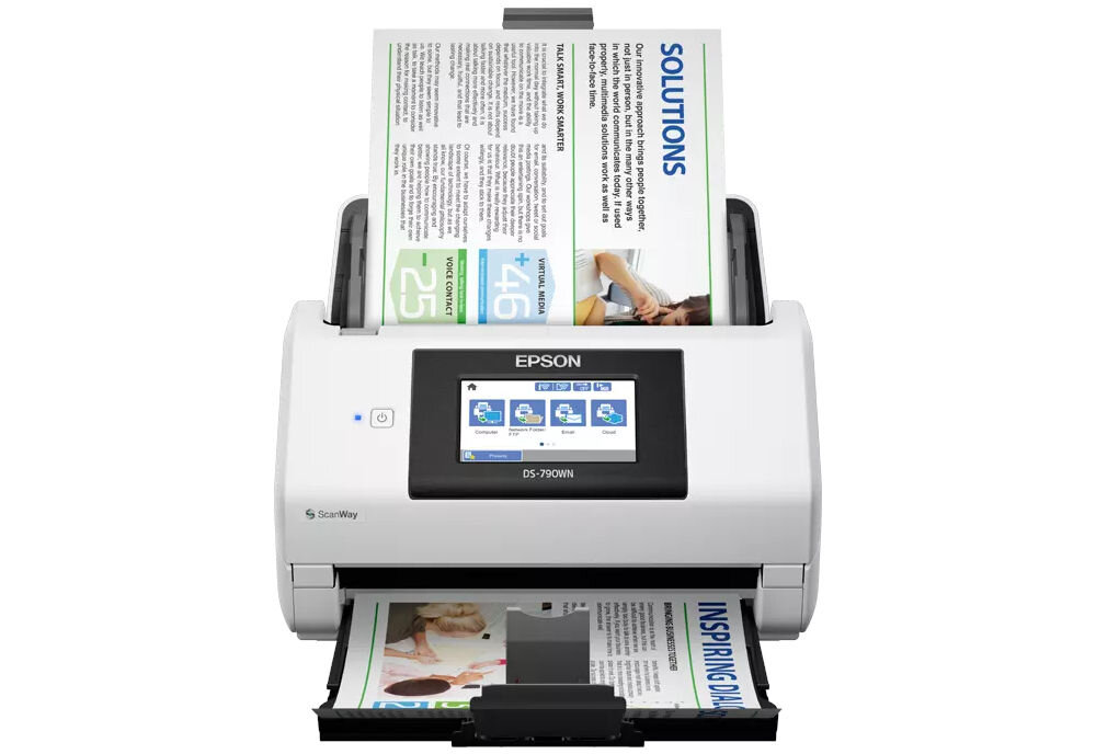 Skaner EPSON WorkForce DS-790WN Wi-Fi prezentacja skanera od przodu z włożoną do podajnika kartką i z wychodzącą kartką na białym tle rozdzielczość optyczna 600 DPI czytelność tekstów optymalna dla codziennych zadań