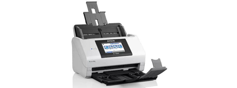 Skaner EPSON WorkForce DS-790WN Wi-Fi prezentacja skanera od przodu pod kątem na białym tle rozłożone podajniki temperatura pracy 5 do 35 stopni Celsjusza warunki biurowe bez ryzyka przegrzewania