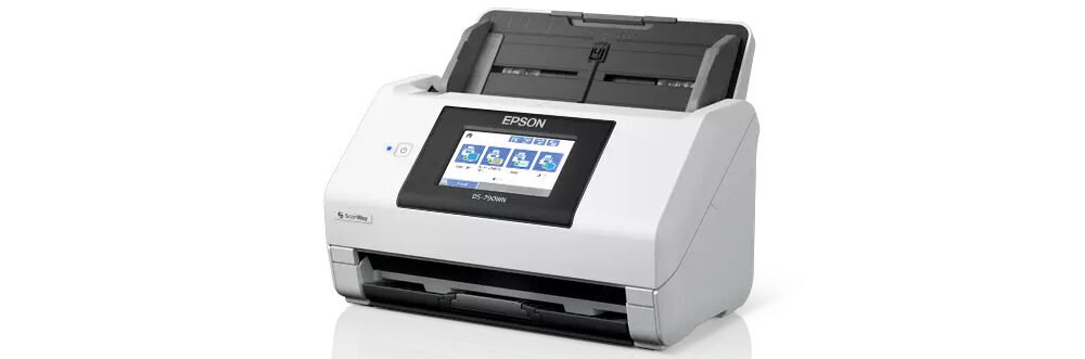 Skaner EPSON WorkForce DS-790WN Wi-Fi prezentacja skanera od przodu pod kątem na białym tle złożone podajniki uwierzytelnianie i zabezpieczenia dostępu