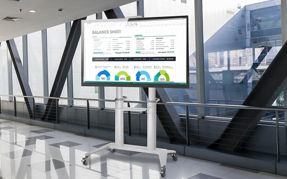 Stojak podłogowy TECHLY do TV 70 120 ICA-TR49W mobilny wózek stabilna konstrukcja aluminiowe kolumny, stojak stojący na holu biurowca