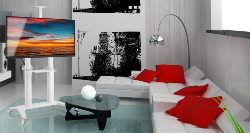 Stojak podłogowy TECHLY do TV 70 120 ICA-TR49W aluminiowa konstrukcja estetyczny design stabilna podstawa jezdna, stojak stojący w pomieszczeniu