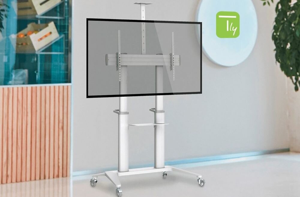 Stojak podłogowy TECHLY do TV 70 120 ICA-TR49W VESA 200x200 do 1000x600 kompatybilność telewizory duże ekrany, stojak stojący w pomieszczeniu