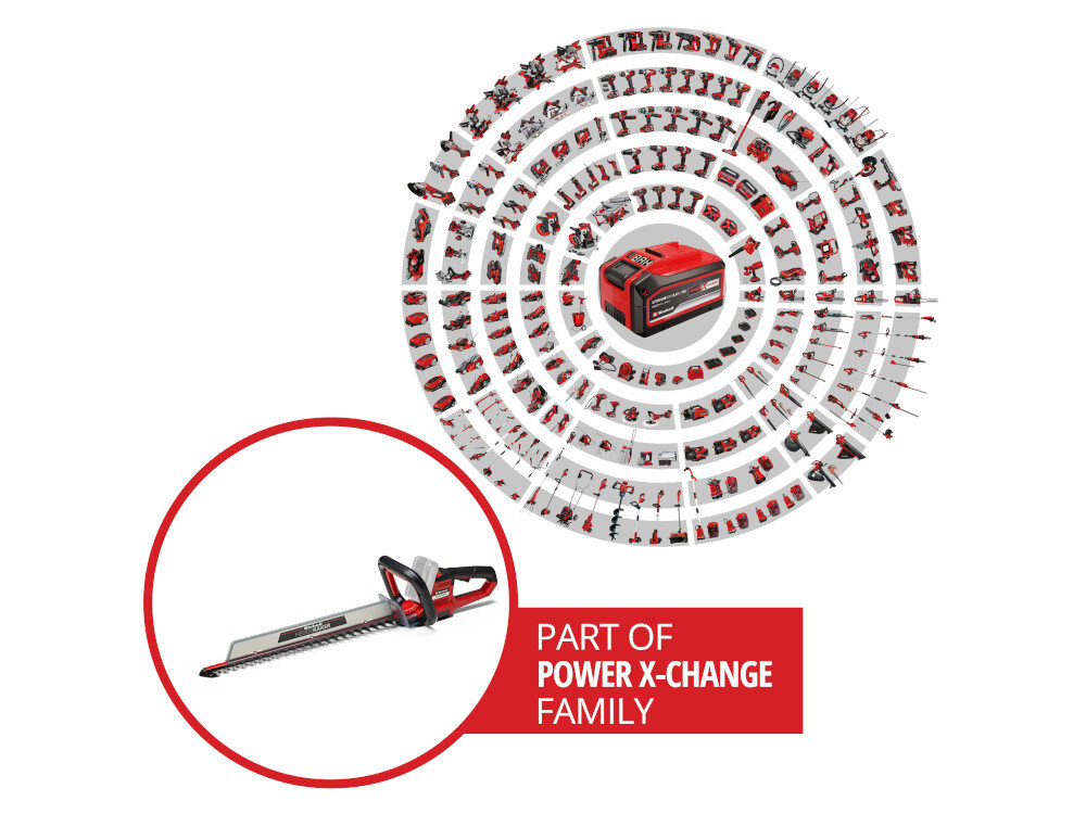 Nożyce do żywopłotu EINHELL Arcurra 18-55 Solo akumulatorowe technologia akumulatorowa mobilnosc swoboda pracy akumulator litowo-jonowy system Power X-Change mozliwosc laczenia z innymi urzadzeniami PXC