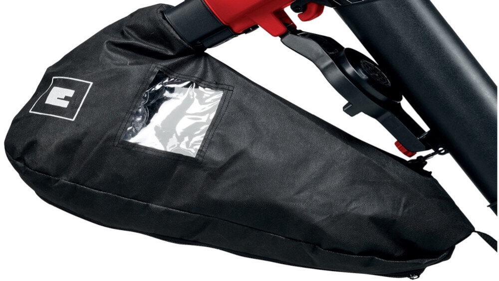 Odkurzacz do liści akumulatorowy EINHELL 2X18V GE-CL 36-230 Li E Solo (bez akumulatora) zbliżenie na worek moc ssania do 700 m³/h prędkość wydmuchu do 230 km/h rozdrabniane do jednej dziesiątej pierwotnej objętości pojemnego worka 45 L z jednym okienkiem kontrolnym