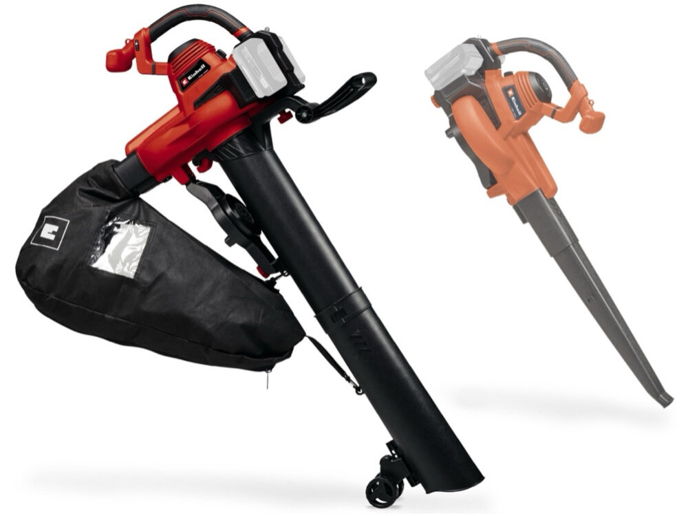 Odkurzacz do liści akumulatorowy EINHELL 2X18V GE-CL 36-230 Li E Solo (bez akumulatora) odkurzacz w dwóch ujęciach jako odkurzacz i jako dmuchawa dwie funkcje - odkurzacza i dmuchawy szeroka rura ssąca wąska rura nadmuchowa wymiana szybko i bez użycia narzędzi pasek na ramię regulowane koła prowadzące pasek odciąża ręce i kręgosłup koła ułatwiają prowadzenie urządzenia po podłożu