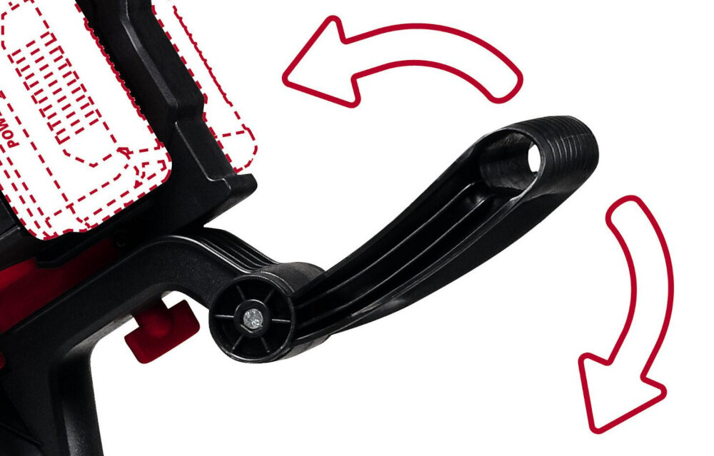 Odkurzacz do liści akumulatorowy EINHELL 2X18V GE-CL 36-230 Li E Solo (bez akumulatora) zbliżenie na Dodatkowy uchwyt strzałki pokazujące możliwość regulacji ergonomicznie zaprojektowana rękojeść dopasowuje się do dłoni dodatkowy regulowany uchwyt kontrola nad urządzeniem i precyzja pracy