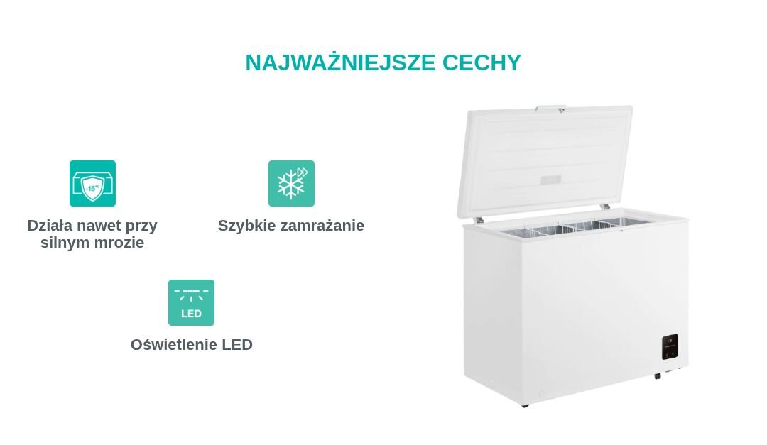 ZAMRAŻARKA GORENJE FH25EAW Grafika prezentuje najważniejsze cechy zamrażarki wraz z ikonami i otwartym urządzeniem. Widoczne są oznaczenia: praca przy silnym mrozie, szybkie zamrażanie oraz sprężarka inwerterowa