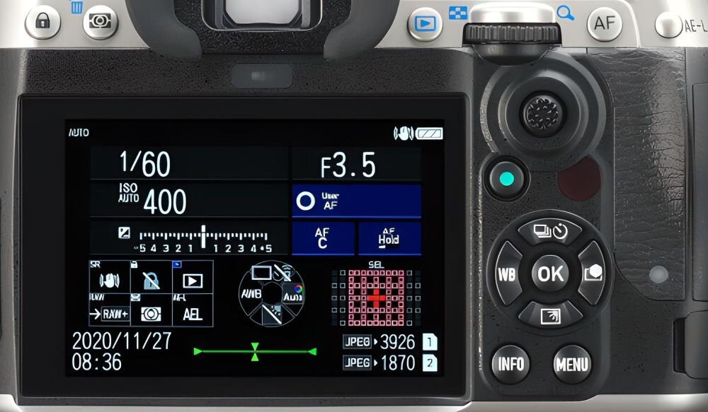 Камера PENTAX K-3 Mark III фотографії об'єктив екран видошукач фокальна діафрагма корпус затвора акумулятор живлення відео роздільна здатність запису розмір матриці діагональ ISO режими складання лампа підсвічування кнопки керування меню контрастність яскравість баланс білого CMOS фільтри формат файлів карти запис серії