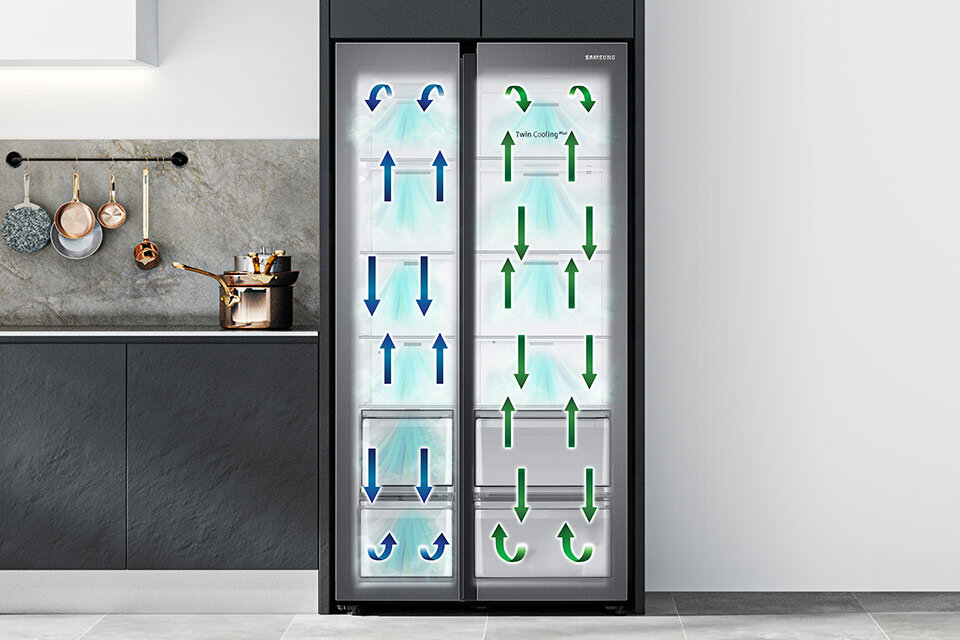 Na grafice zaprezentowano działanie technologii Twin Cooling, dostępnej w lodówce Samsung, do kupienia w sklepach Media Expert