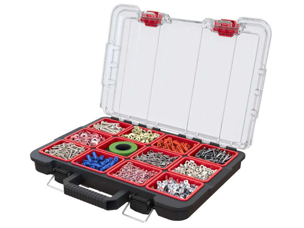 Organizer KETER 251491 otwarty organizer na białym tle wnętrze wypełnione akcesoriami 10 pojemników 8 małych 2 większe z 2 wyjmowanymi przegrodami możesz łatwo oddzielić różne typy elementów i utrzymać przejrzystość przezroczystego pokrywa z poliwęglanu