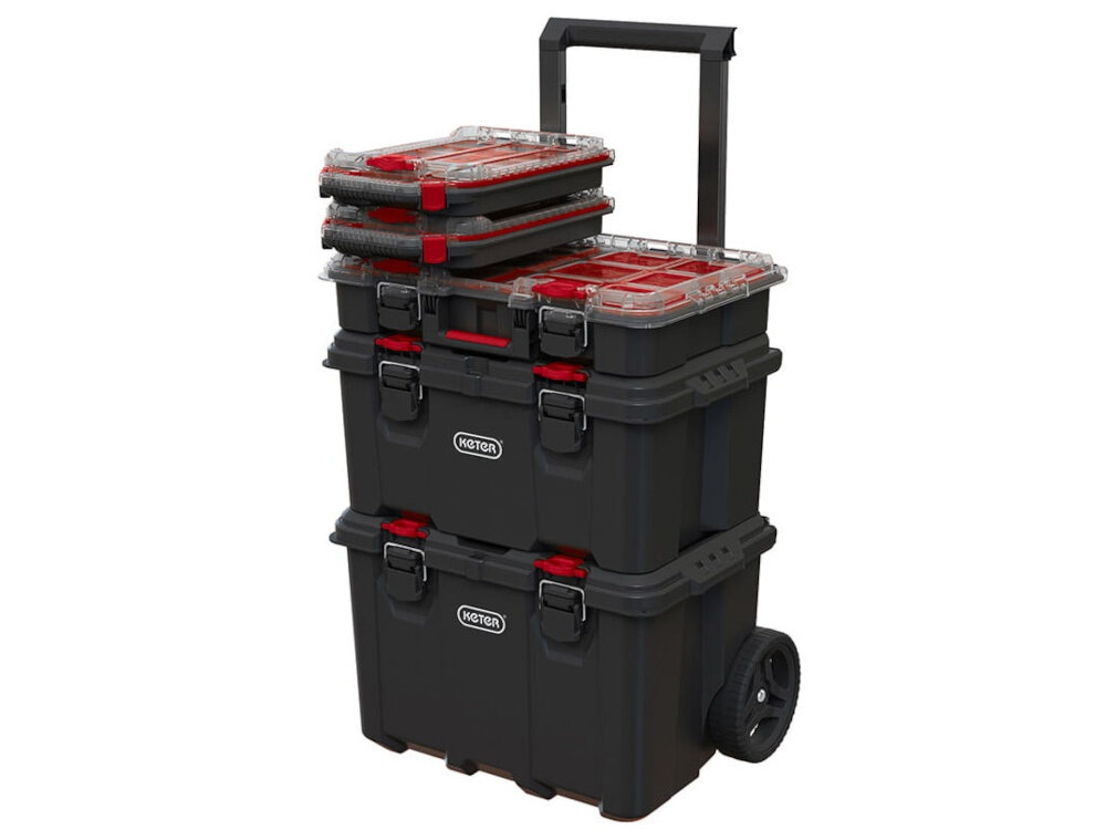 Organizer KETER 251491 białe tło oraganizer umieszczony na kilku skrzynkach narzędziowych kompatybilny z systemem KETER Stack’N’Roll łączenie go z innymi skrzynkami tworzenie spójnego systemu przechowywania i transportu zamknięcie na klips większa kontrola nad organizacją sprzętu i lepsze wykorzystanie przestrzeni roboczej