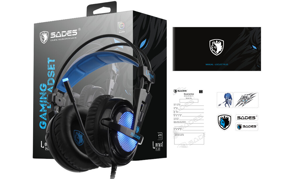Słuchawki SADES Locust Plus jakość wykonanie oświetlenie RGB przetworniki impedancjałączność przewodowa mikrofon dookólny nauszniki pałąk przyciski sterujące