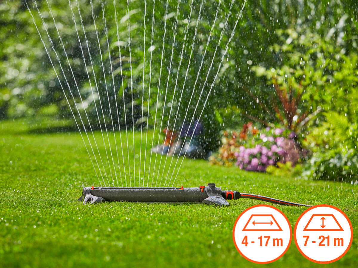 Zraszacz GARDENA Aquazoom L, zasięg, szerokość, natężenie, przepływ, w te kwiaty ogrodu, na trawniku zraszacz podlewa, obok logotypy szerokości i zasięgu strumienia