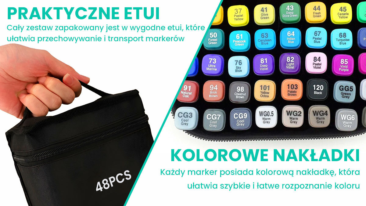 Zestaw markerów alkoholowych dwustronnych EXTRALINK (60 sztuk) praktyczne etui zesstaw zapakowany w torbę kolorowe nakładki szybkie rozpoznawanie kolorów