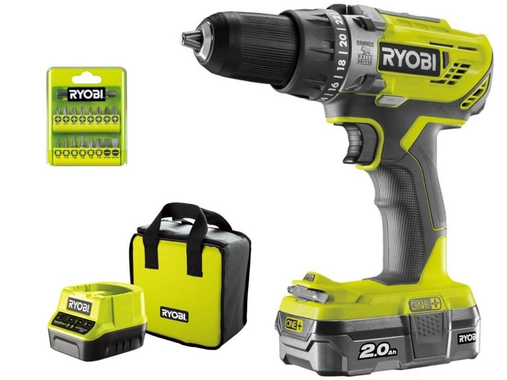 Wiertarko-wkrętarka RYOBI R18PD3-120SA17 w zestawie akumulator ładowarka zestaw akcesoriów RAKI17SD torba instrukcja obsługi w języku polskim karta gwarancyjna