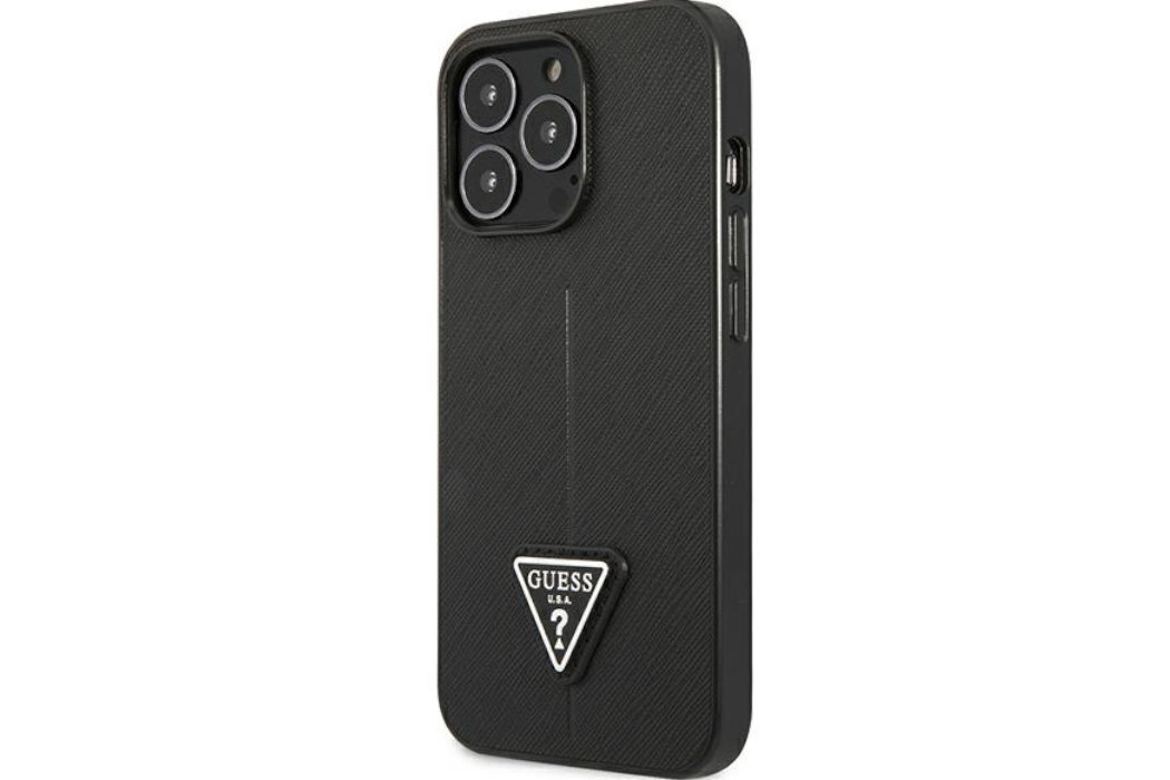 Etui GUESS Saffiano Triangle Metal Logo do Apple iPhone 13/13 Pro Czarny  luksus wytrzymałość marka elegancja styl wyrafinowanie