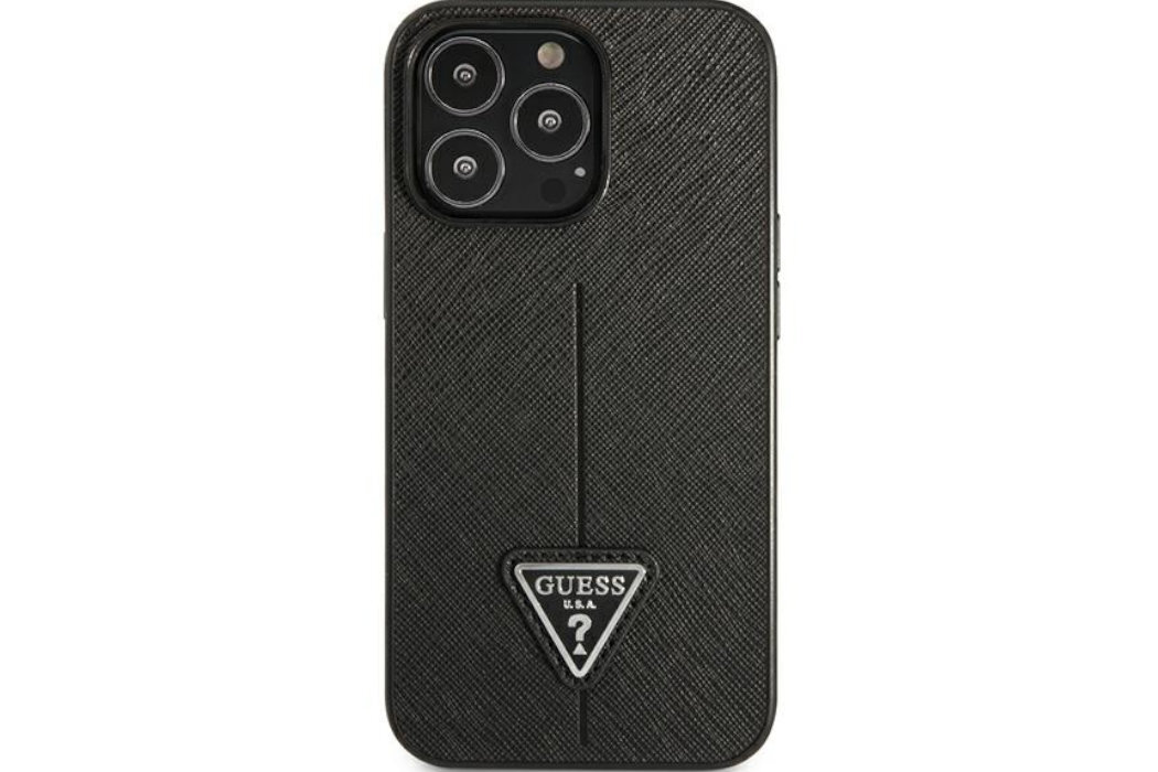 Etui GUESS Saffiano Triangle Metal Logo do Apple iPhone 13/13 Pro Czarny  luksus wytrzymałość marka elegancja styl wyrafinowanie