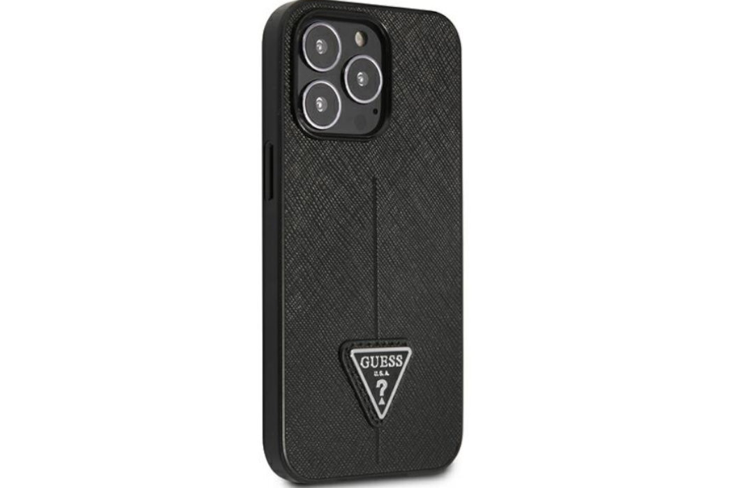 Etui GUESS Saffiano Triangle Metal Logo do Apple iPhone 13/13 Pro Czarny  luksus wytrzymałość marka elegancja styl wyrafinowanie