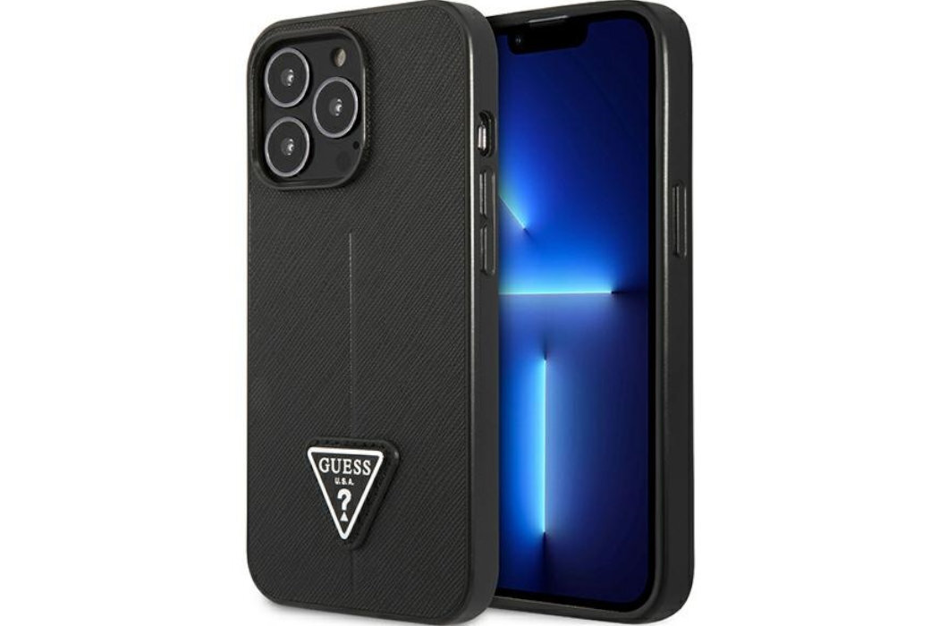 Etui GUESS Saffiano Triangle Metal Logo do Apple iPhone 13/13 Pro Czarny  luksus wytrzymałość marka elegancja styl wyrafinowanie