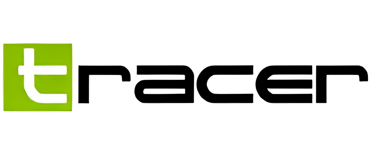 Logo z napisem \'tracer\' na białym tle, z zielonym kwadratem zawierającym białą literę \'t\'.