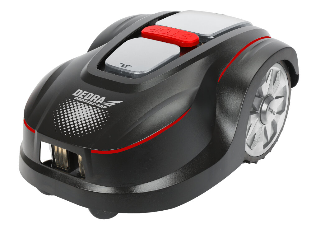 Robot koszący DEDRA DED8752-4AP sterowanie Wi-Fi innowacyjny robot koszący kompaktowy kszałt funkcja kosząco-mulczującą do trawników o powierzchni do 1000 m2 do pracy na terenach pochyłych do 20 stopni nachylenia
