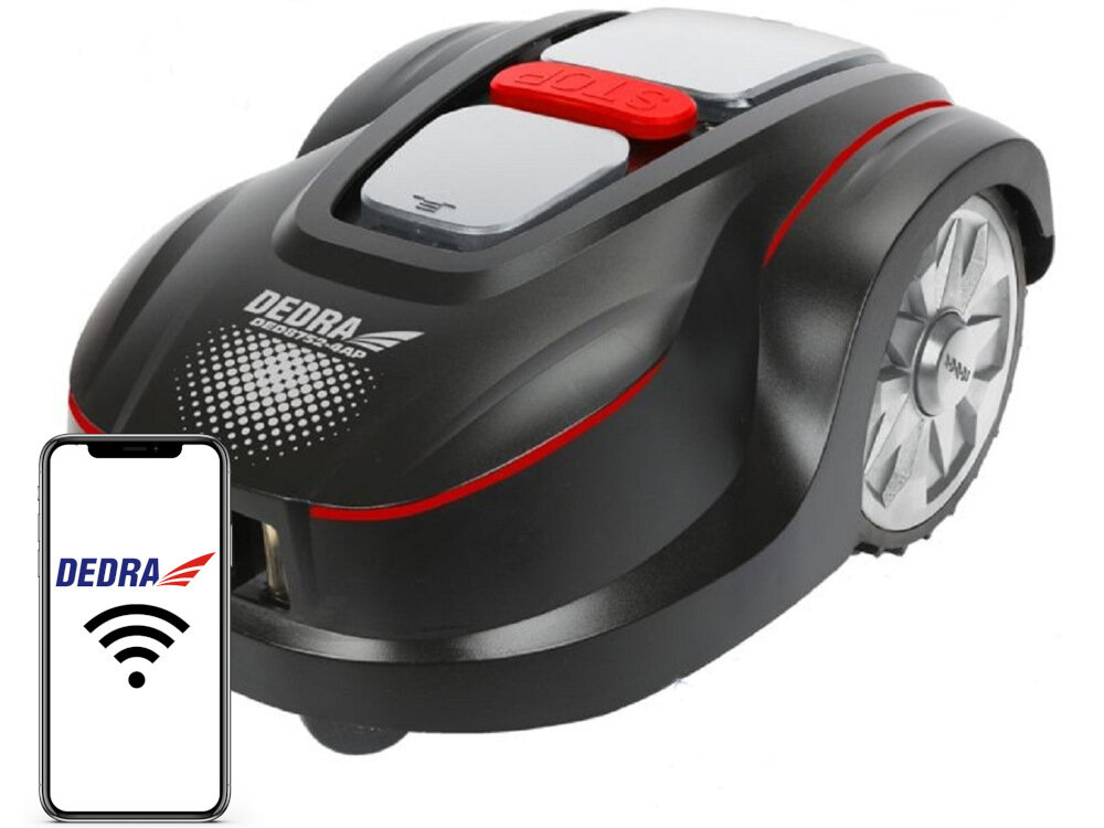 Robot koszący DEDRA DED8752-4AP sterowanie Wi-Fi prosty w obsłudze panel na korpusie aplikacja Wi-Fi na systemy Android i iOS porusza się po obrysie powierzchni linka dokładne wyznaczanie granicy obszaru roboczego funkcja mulczowania cicha praca 65 dB