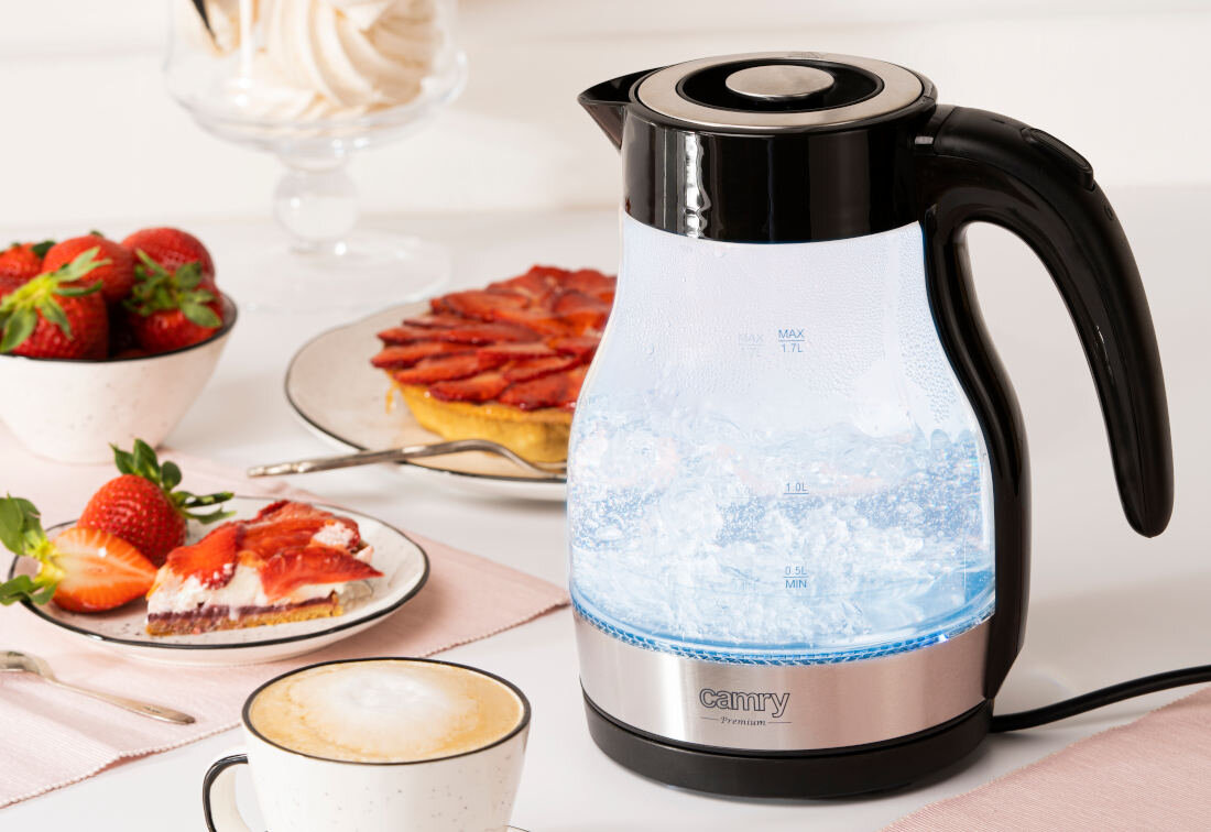 Czajnik CAMRY CR 1300 moc pojemność woda herbata kawa Wyraźny wskaźnik poziomu wody precyzja  automatyczne wyłączanie blokada bezpieczeństwo