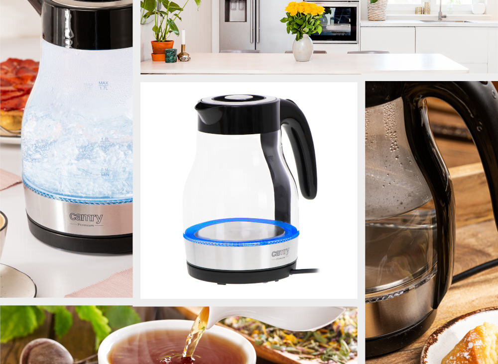 Czajnik CAMRY CR 1300 Elegancja funkcjonalność Szklana obudowa podświetlenie LED Filtr osadów wapnia wysoka jakość woda obrotowa podstawa 360° płaska grzałka stal nierdzewna schowek przewód długość
