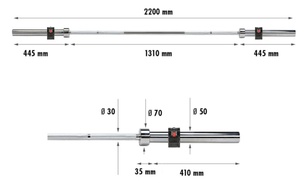 Gryf olimpijski HMS GOP220 PRO (220 cm) wymiary elementy