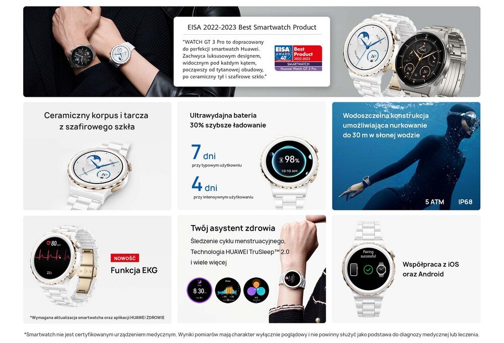 Smartwatch HAUWEI GT3 Pro ekran bateria czujniki zdrowie sport pasek ładowanie pojemność rozdzielczość łączność sterowanie krew puls rozmowy smartfon aplikacja