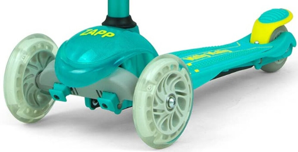 Hulajnoga dla dzieci MILLY MALLY Zapp Miętowy kola kauczukowe lozyska ABEC-5 plynna jazda trwalosc przednie kolo srednica 12 cm tylne kolo srednica 8 cm stabilnosclatwe manewrowanie odpornosc na scieranie dobre tlumienie wstrzasow