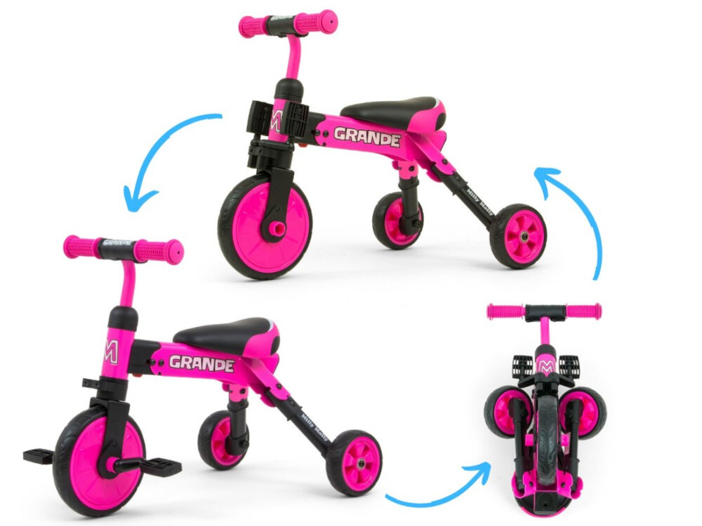 Rowerek biegowy MILLY MALLY 2w1 Grande innowacyjne odczepiane pedaly latwy montaz i demontaz pzeksztalcenie rowerka biegowego w klasyczny rower z pedalami uchwyt na pedaly w kolumnie kierownicy obciazenie do 25 kg