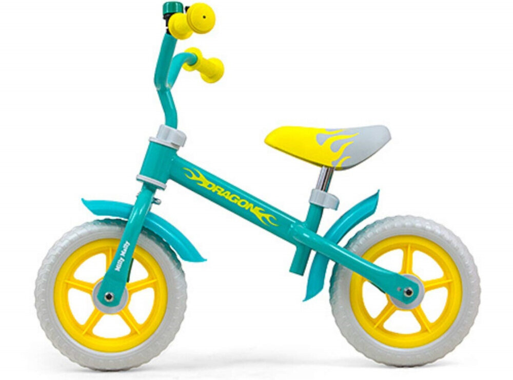 Rowerek biegowy MILLY MALLY Dragon Miętowy pomaga ćwiczyć motorykę siłę mięśnie nóg utrzymywanie równowagi koordynację wzrokowo-ruchową dla dzieci w wieku od 2 do 4 roku życia
