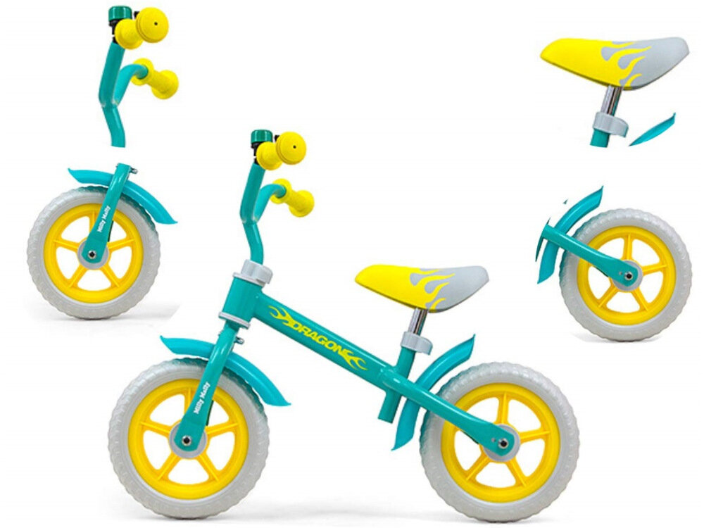 Rowerek biegowy MILLY MALLY Dragon Miętowy rama wytrzymała z wysokiej jakości stali błyszczący lakier w miętowym kolorze lekki waga 2,8 kg