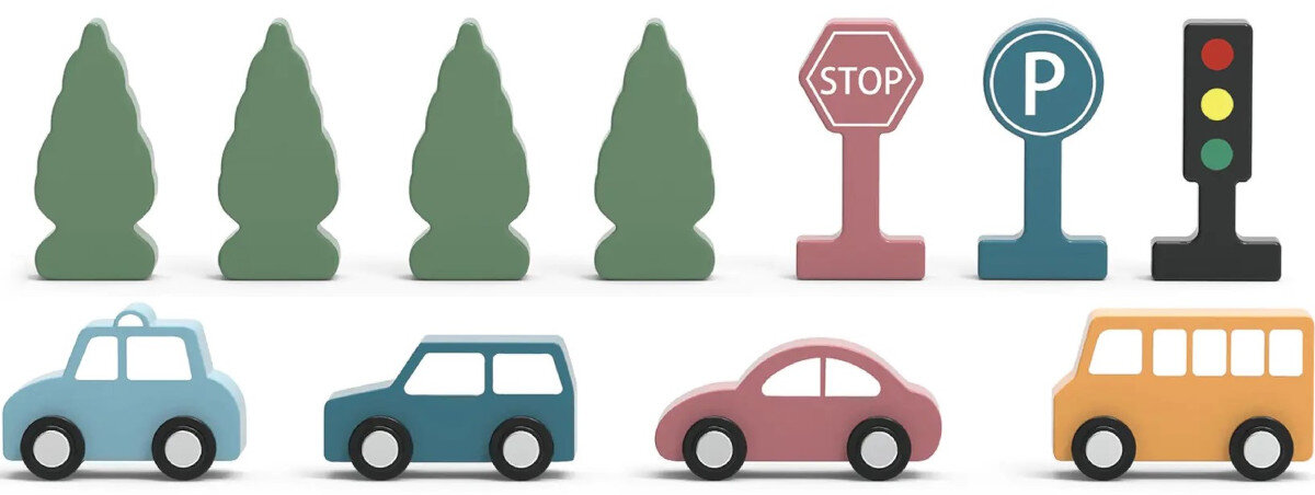 Klocki sensoryczne VIGA Makieta miasta 44040 klocki budynki samochody znaki drzewa